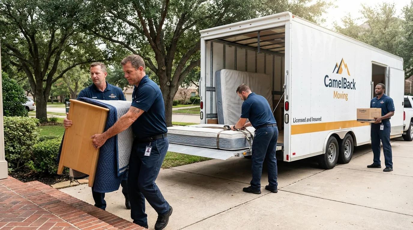 Crew loading residential truck for cross-state move from Onalaska, TX