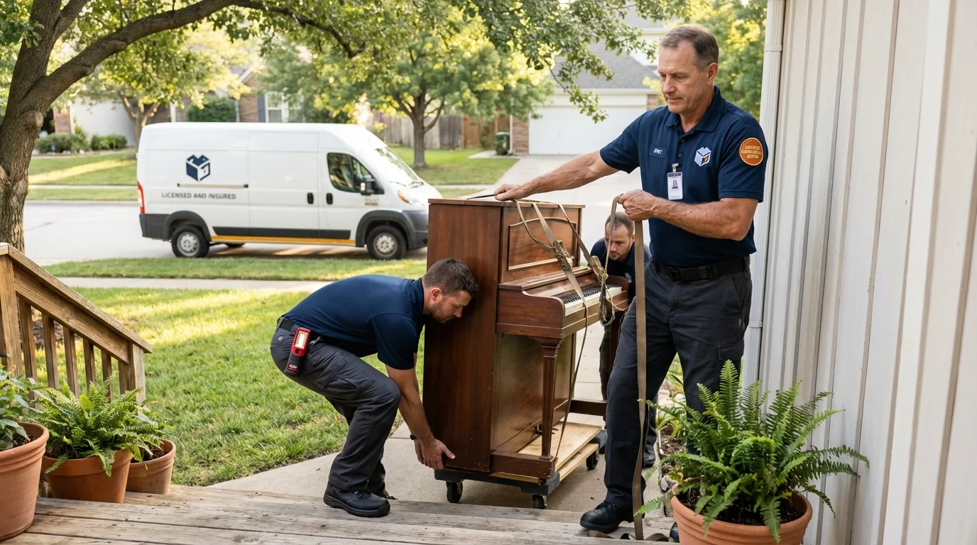 Licensed piano movers securing grand piano in Onalaska, TX