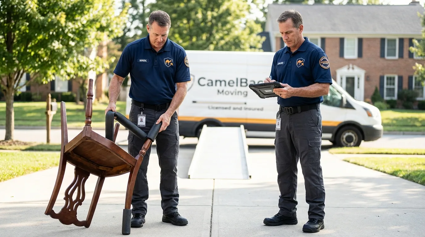 Movers inspecting furniture for damage prevention before loading in Onalaska, TX